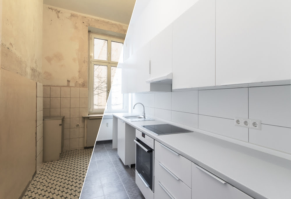 Transformative Journey of a Kitchen: Before and After Renovation - Showcasing a Pristine White Kitchen Design